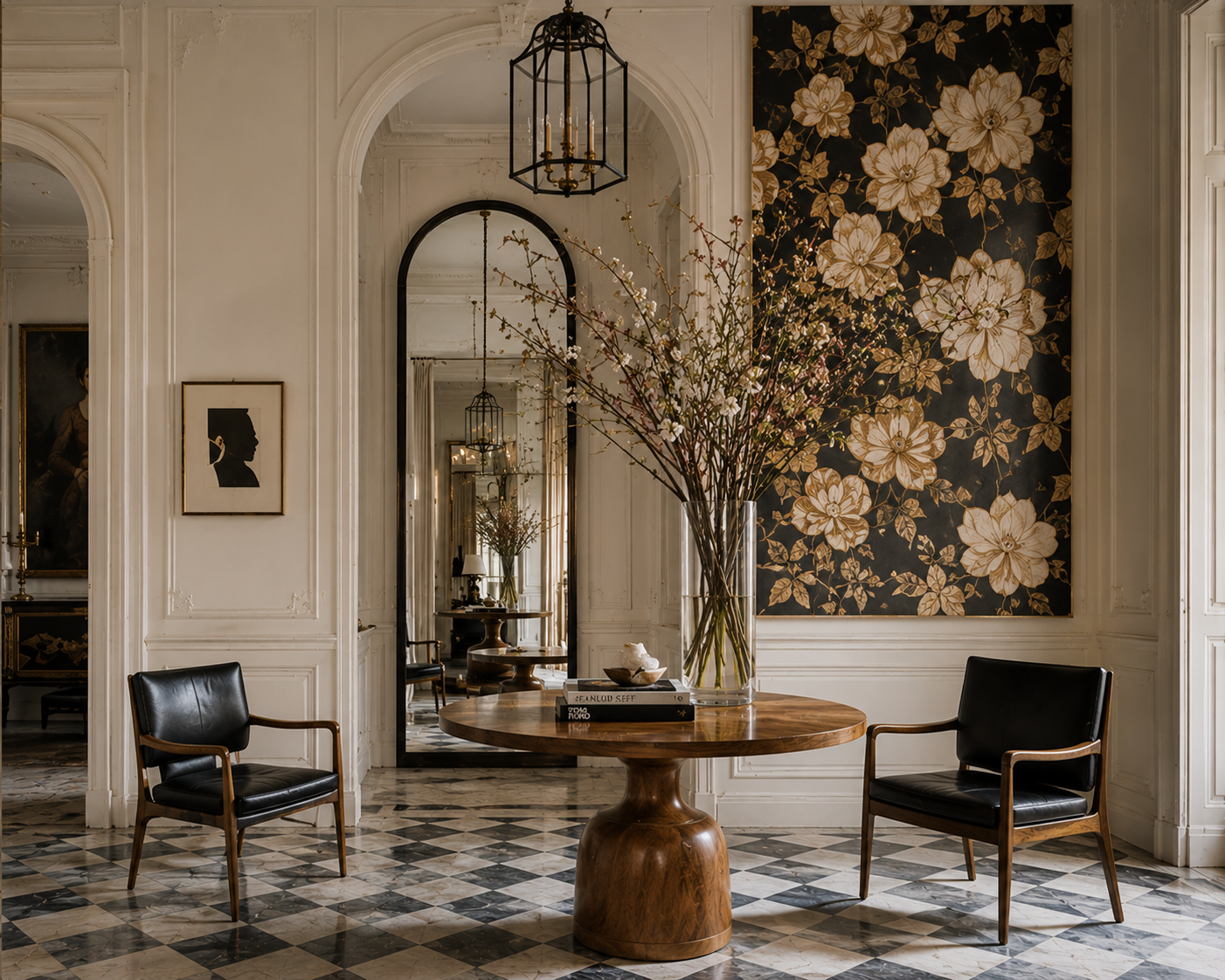 Elegant interior with arched mirror, black-and-white checkerboard floor, floral wall covering, and round wood table.
