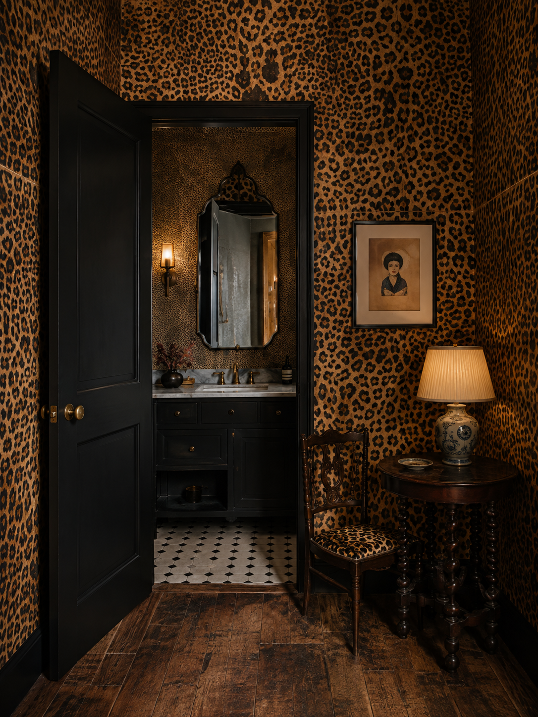 Powder room with leopard-patterned walls, a black door, marble sink, and table lamp.