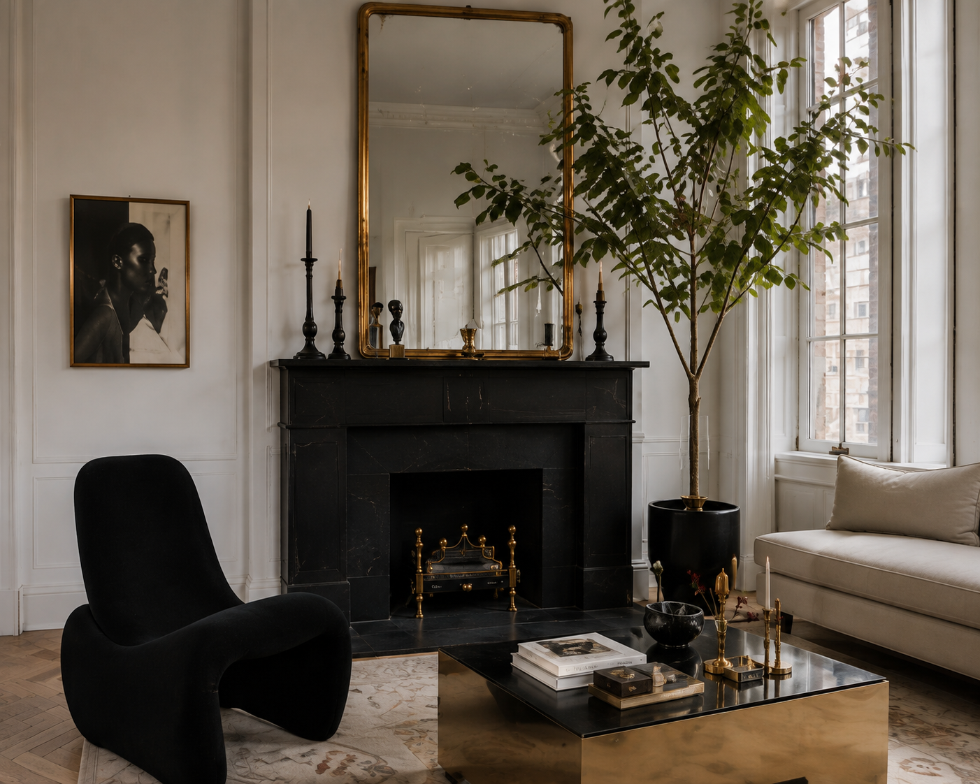 Living room with black fireplace, gilded mirror, sculptural black seating, and leafy branches.