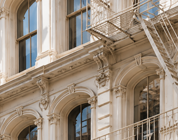 Ornate white cast-iron facade with arched windows and exterior metal fire escape.