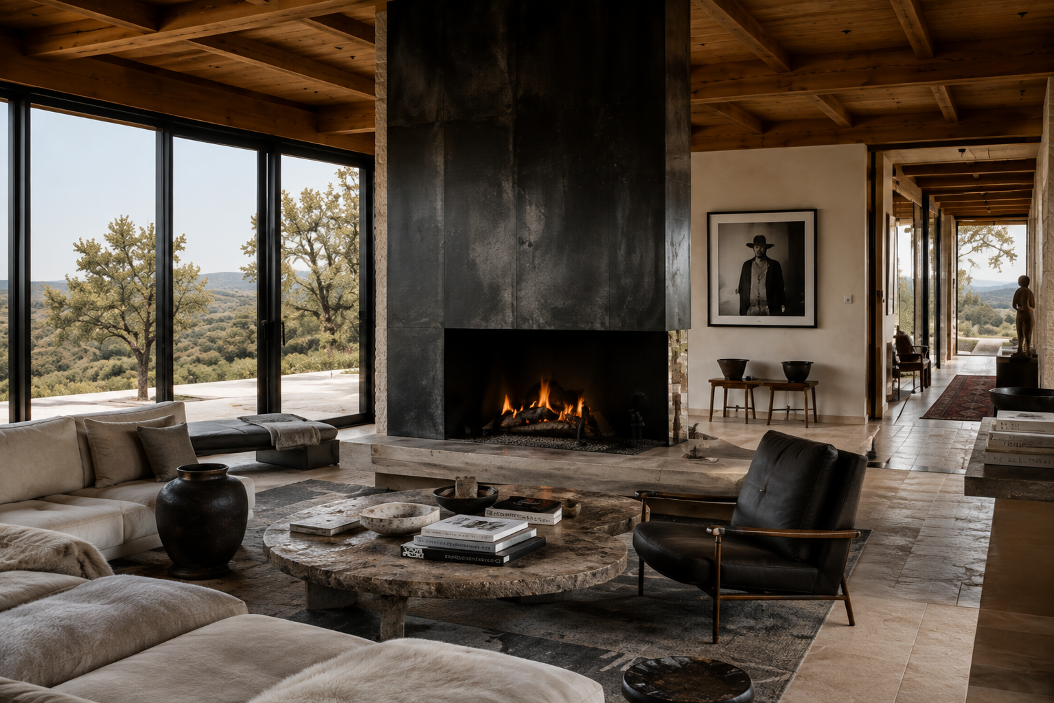 Living room centered on a tall black fireplace with stone coffee table, leather seating, and wood ceiling.
