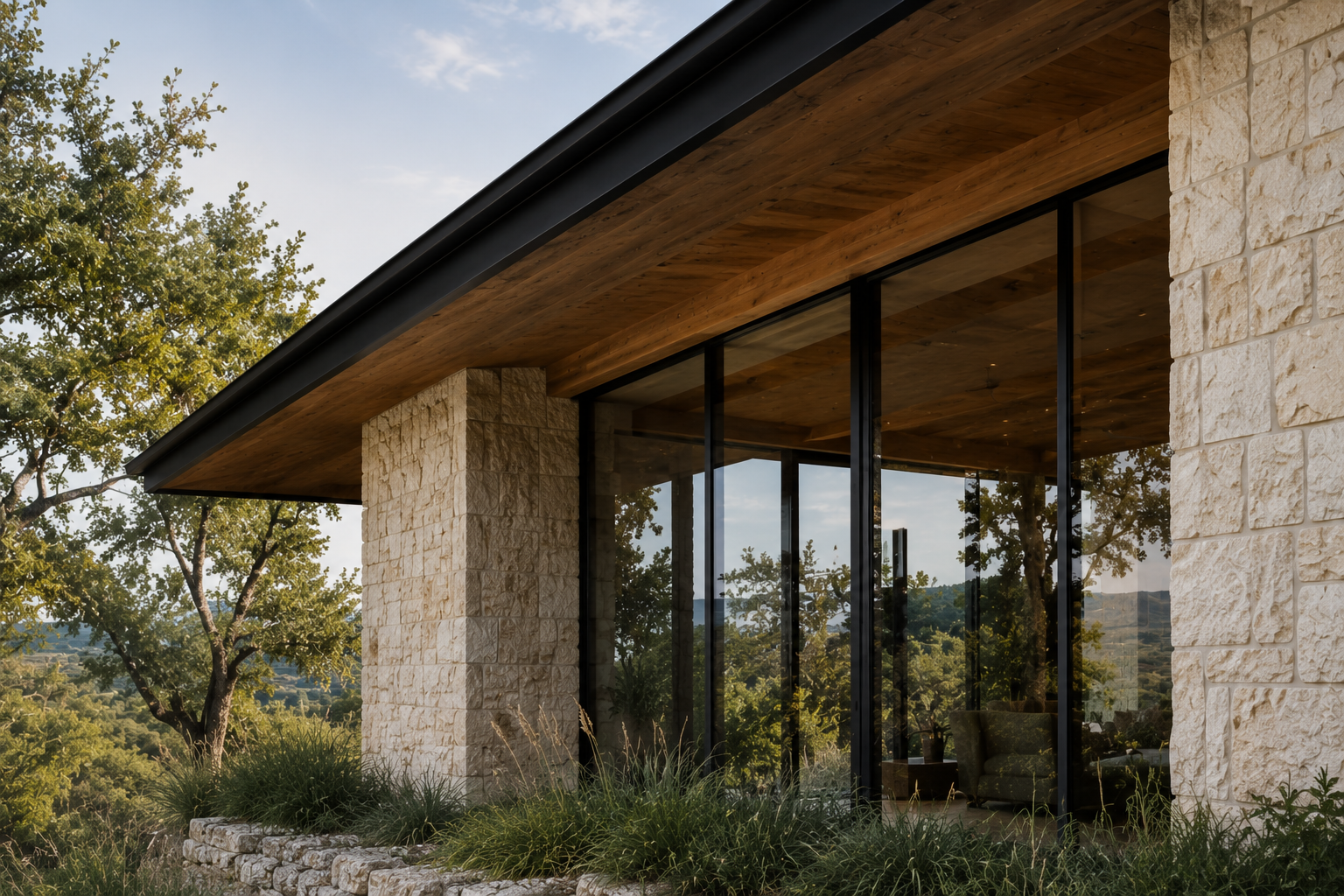 Limestone and glass corner of a residence beneath a deep wood roof overhang.