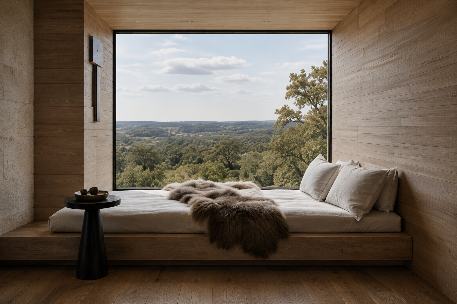 Built-in window seat with cream cushions and a dark hide throw overlooking the Hill Country landscape.