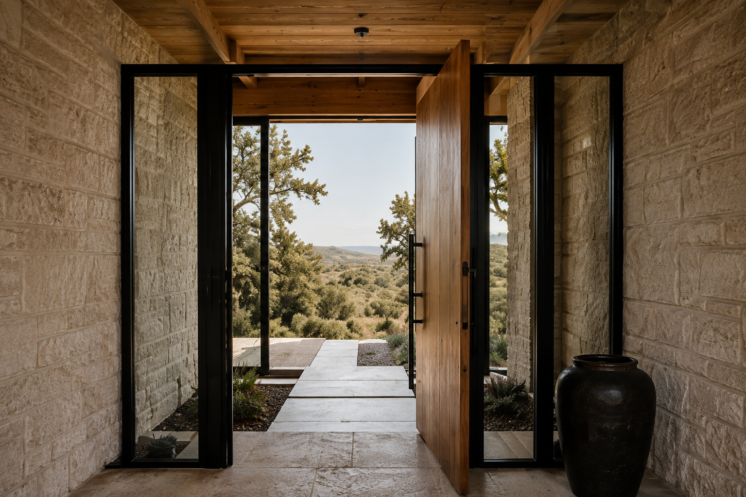 Open glass doors between limestone walls framing a distant Hill Country view.