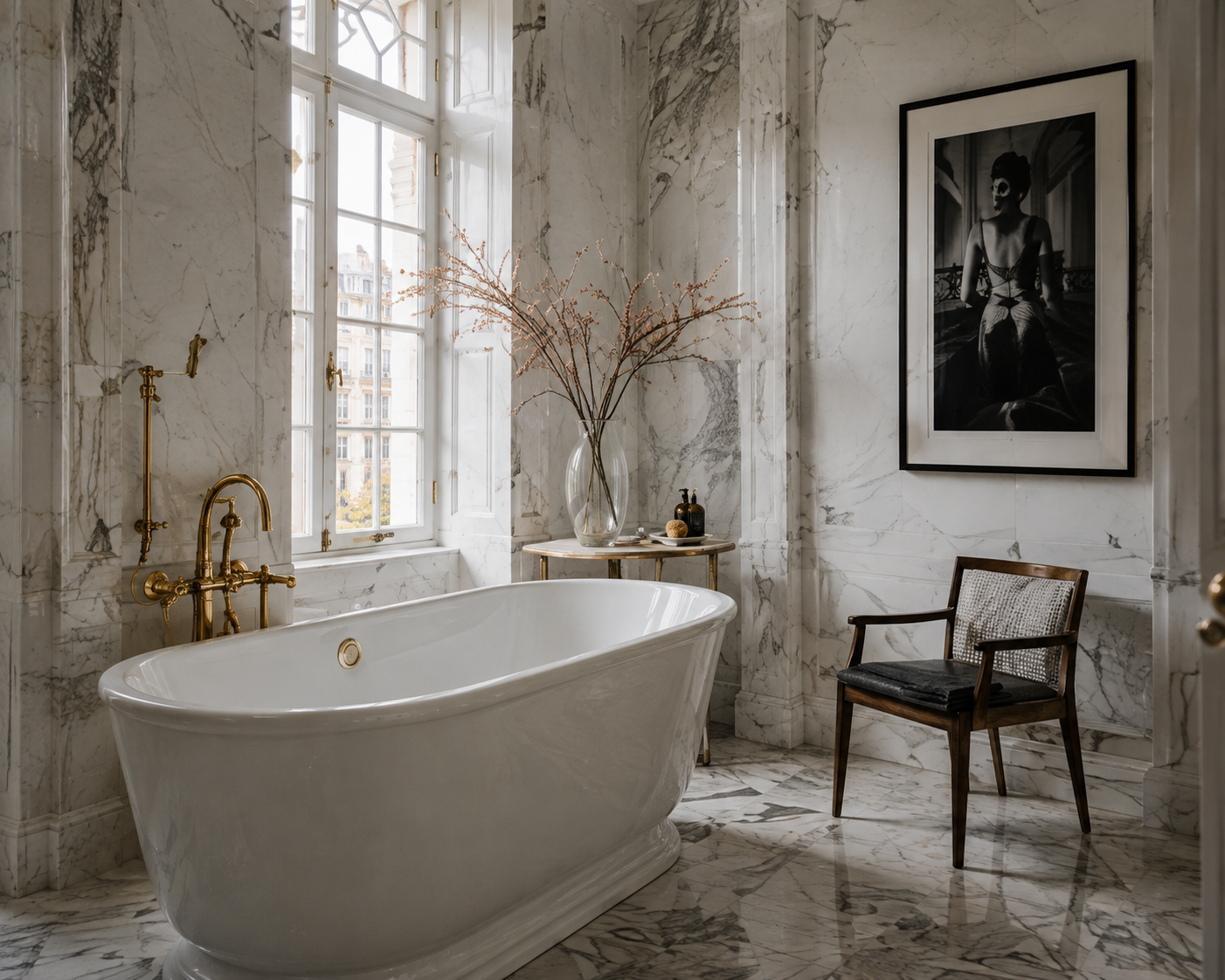 Marble bathroom with freestanding tub, brass fixtures, tall windows, flowering branches, and framed photography.