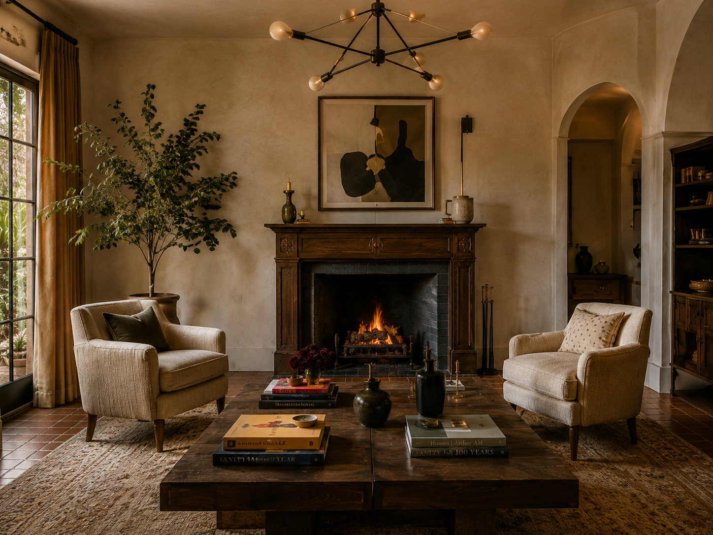 Living room centered on a dark stone fireplace with cream seating, artwork, and a wood coffee table.