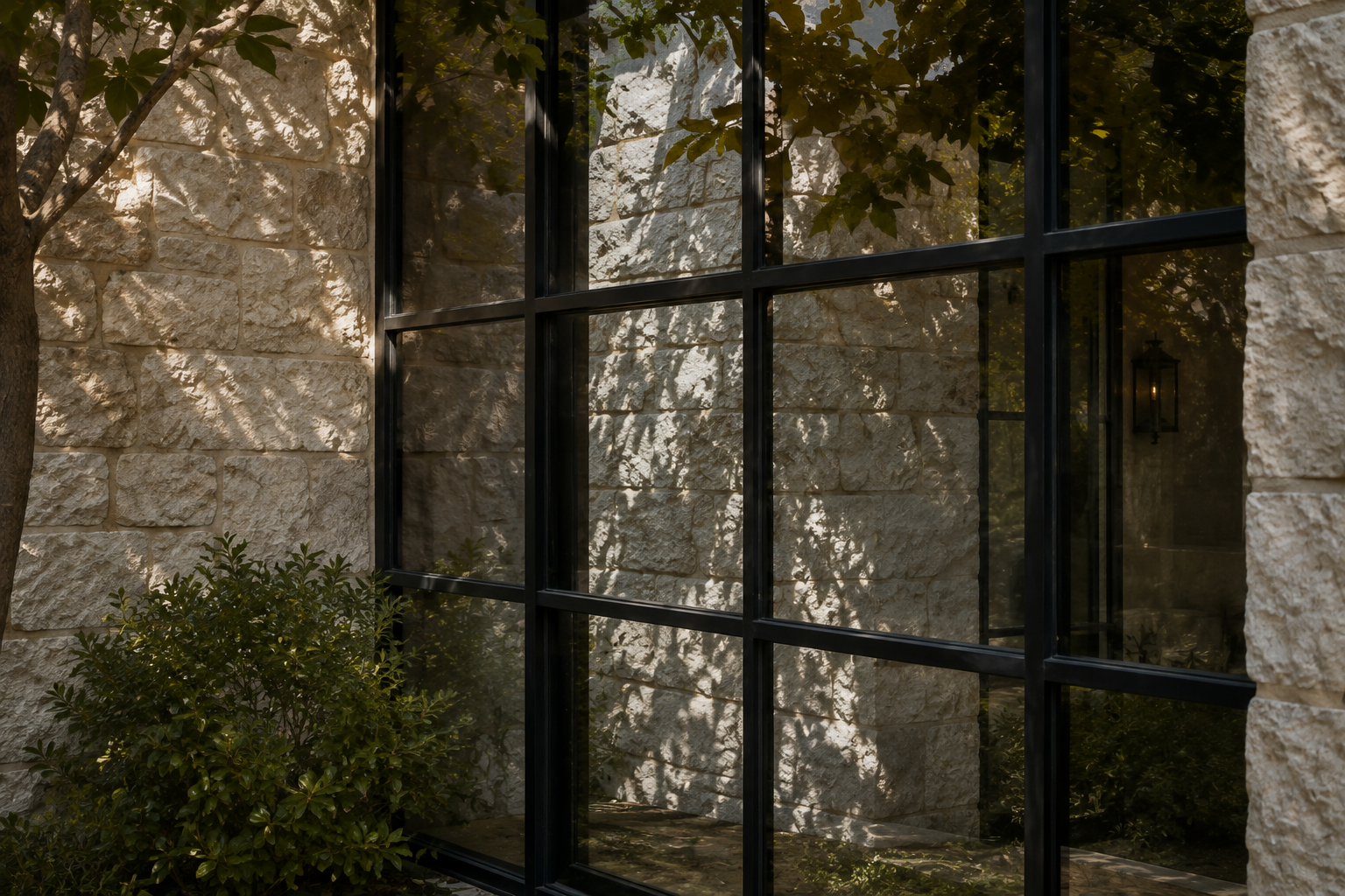 Black steel window set into a pale limestone wall with tree shadows across the stone.