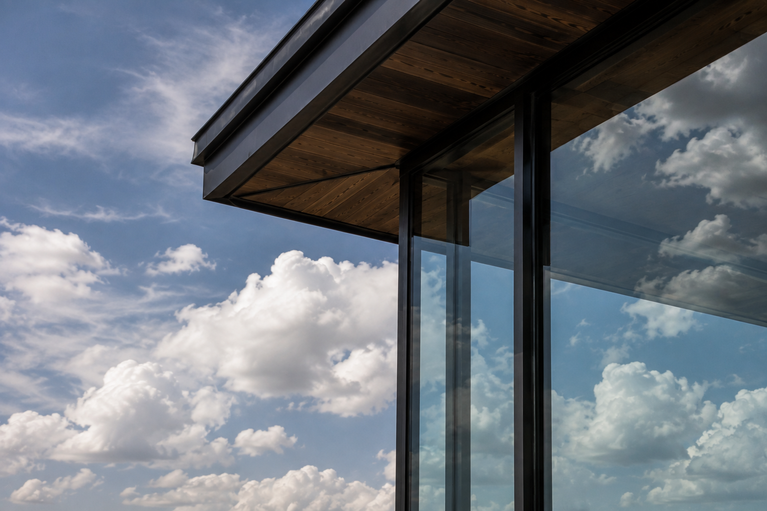 Black steel and glass corner beneath a deep roof overhang reflecting a cloud-filled sky.