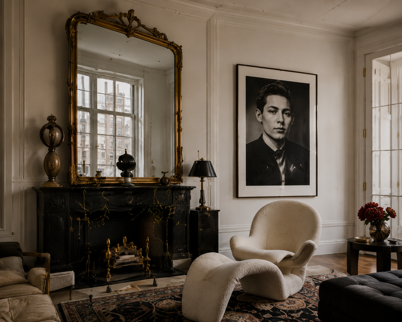 Residential sitting room with an ornate fireplace, gilded mirror, framed portrait, and sculptural cream lounge chairs.