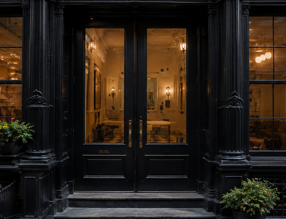 Black double entrance doors with glass panels revealing a warmly lit interior.