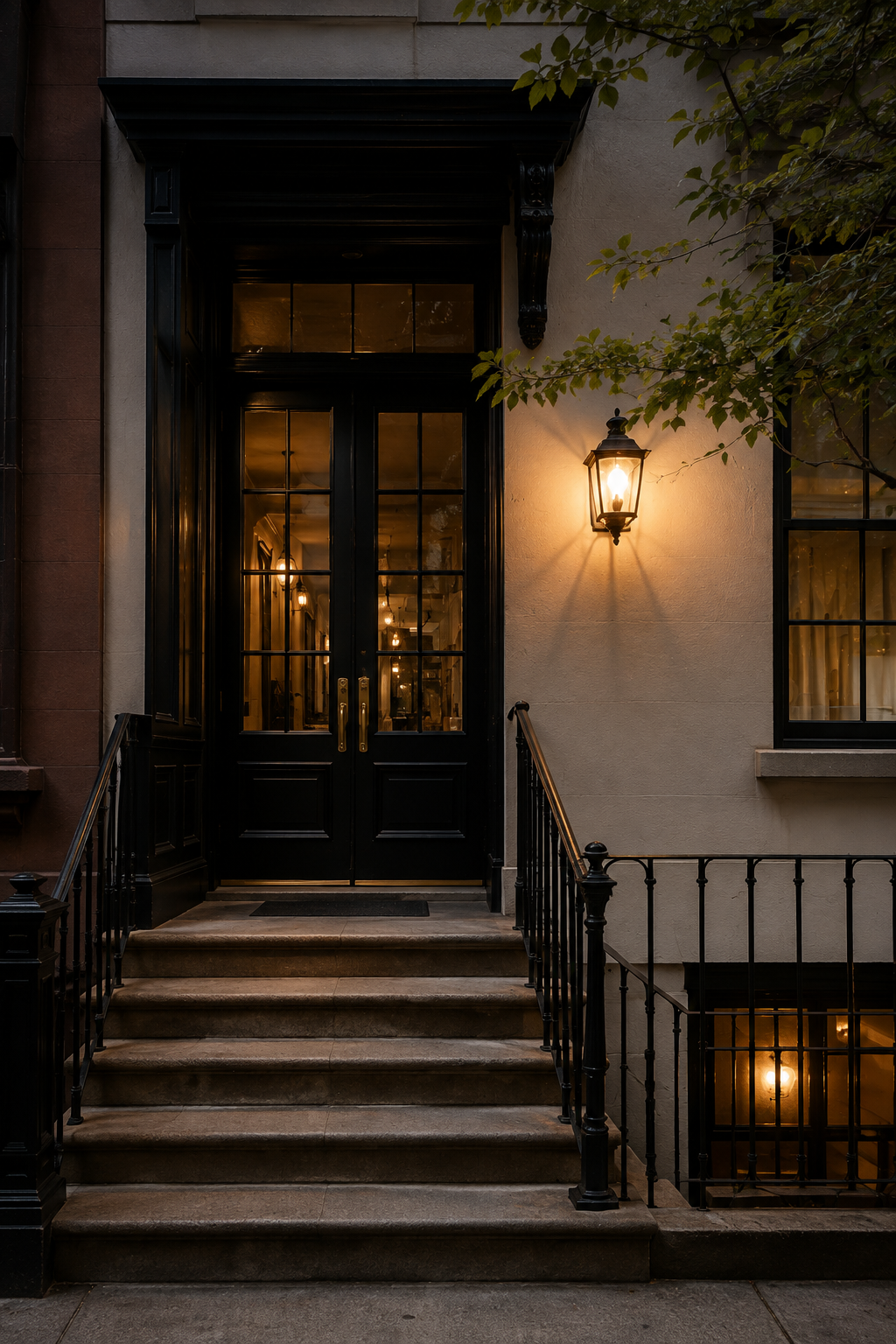 Townhouse entrance with black double doors, stone steps, iron railings, and a glowing wall lantern.