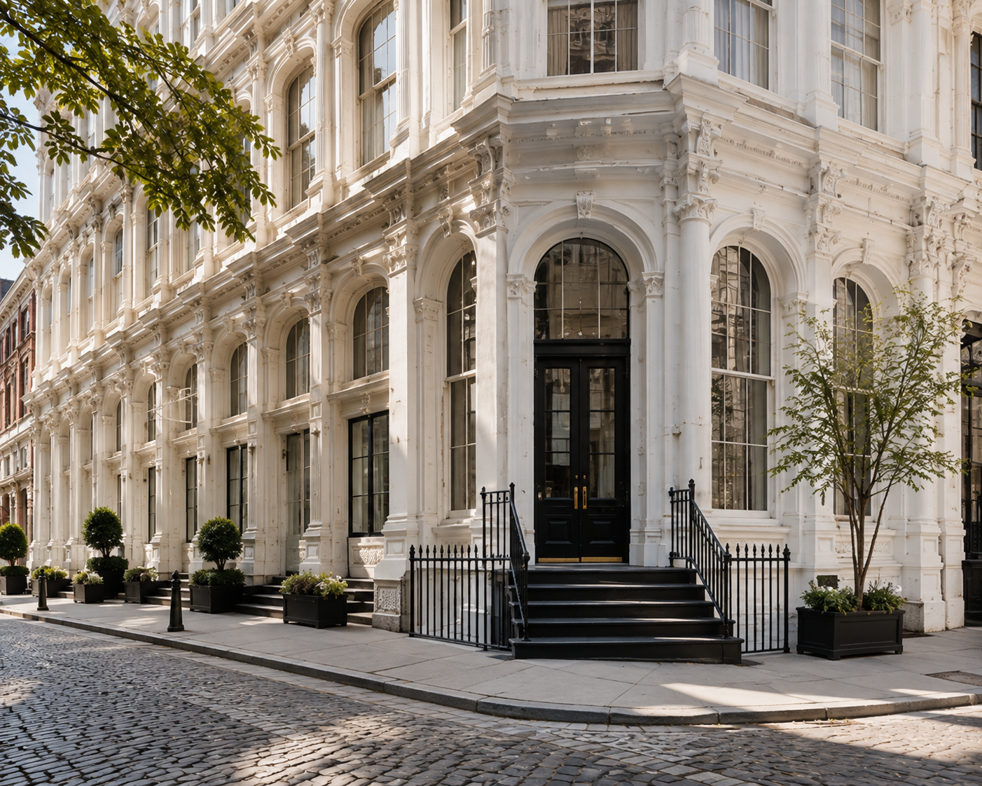 Ornate white cast-iron corner building with arched windows, black entrance, and cobblestone street.