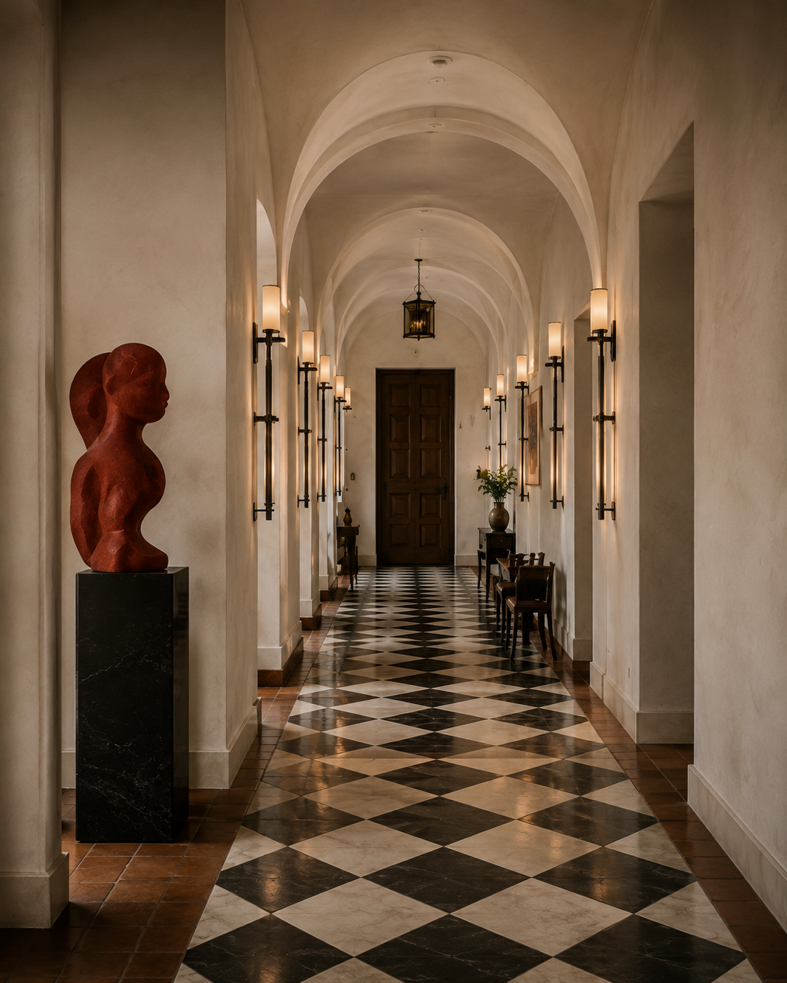 Long arched hallway with black-and-white checkerboard floors, wall sconces, artwork, and sculpture.