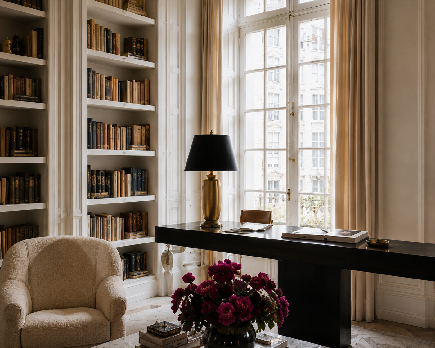 Residential library with built-in bookshelves, dark writing desk, tall windows, and floral arrangement.