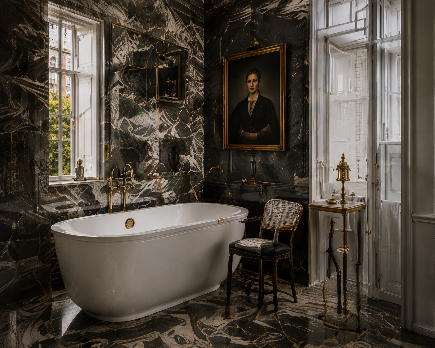 Bathroom with freestanding tub, dramatic dark marble walls, framed portrait, and tall windows.