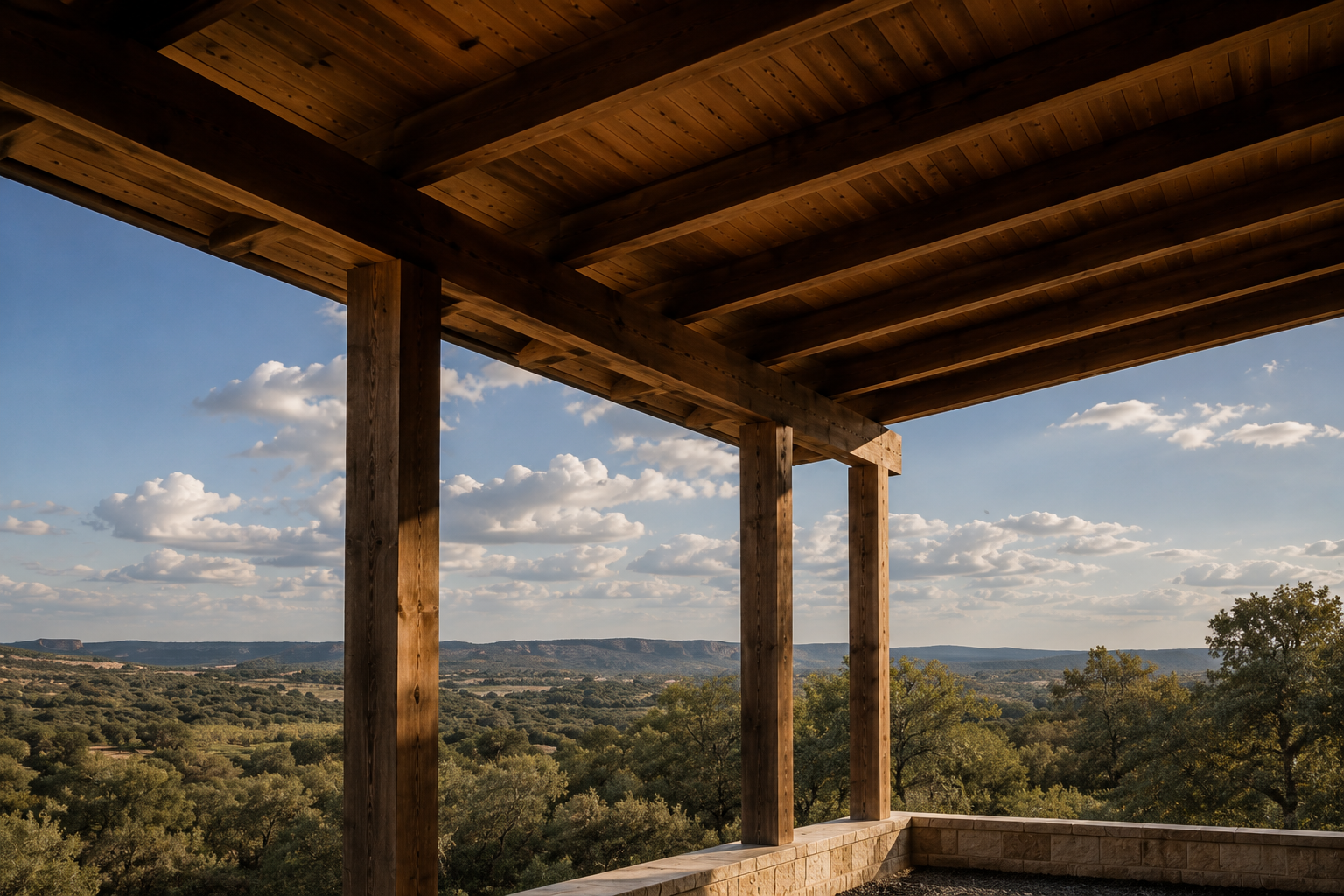 Covered terrace with exposed wood beams and limestone columns overlooking rolling Hill Country terrain.