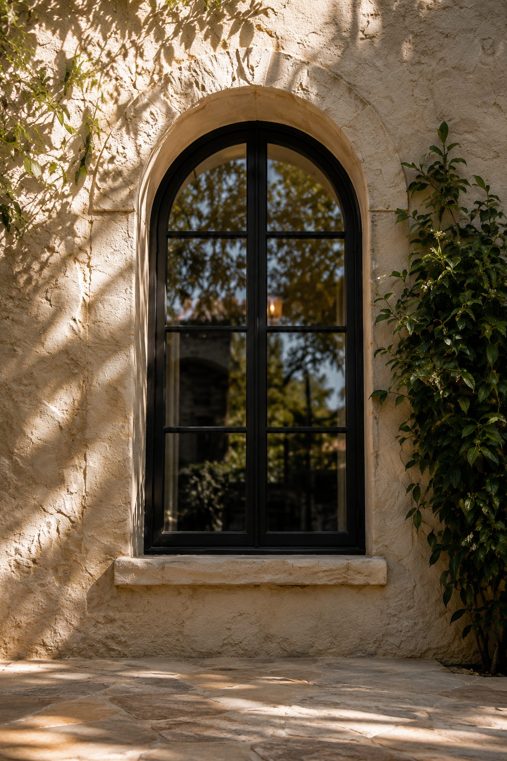 Tall arched black steel window set into a textured stucco wall with climbing greenery.