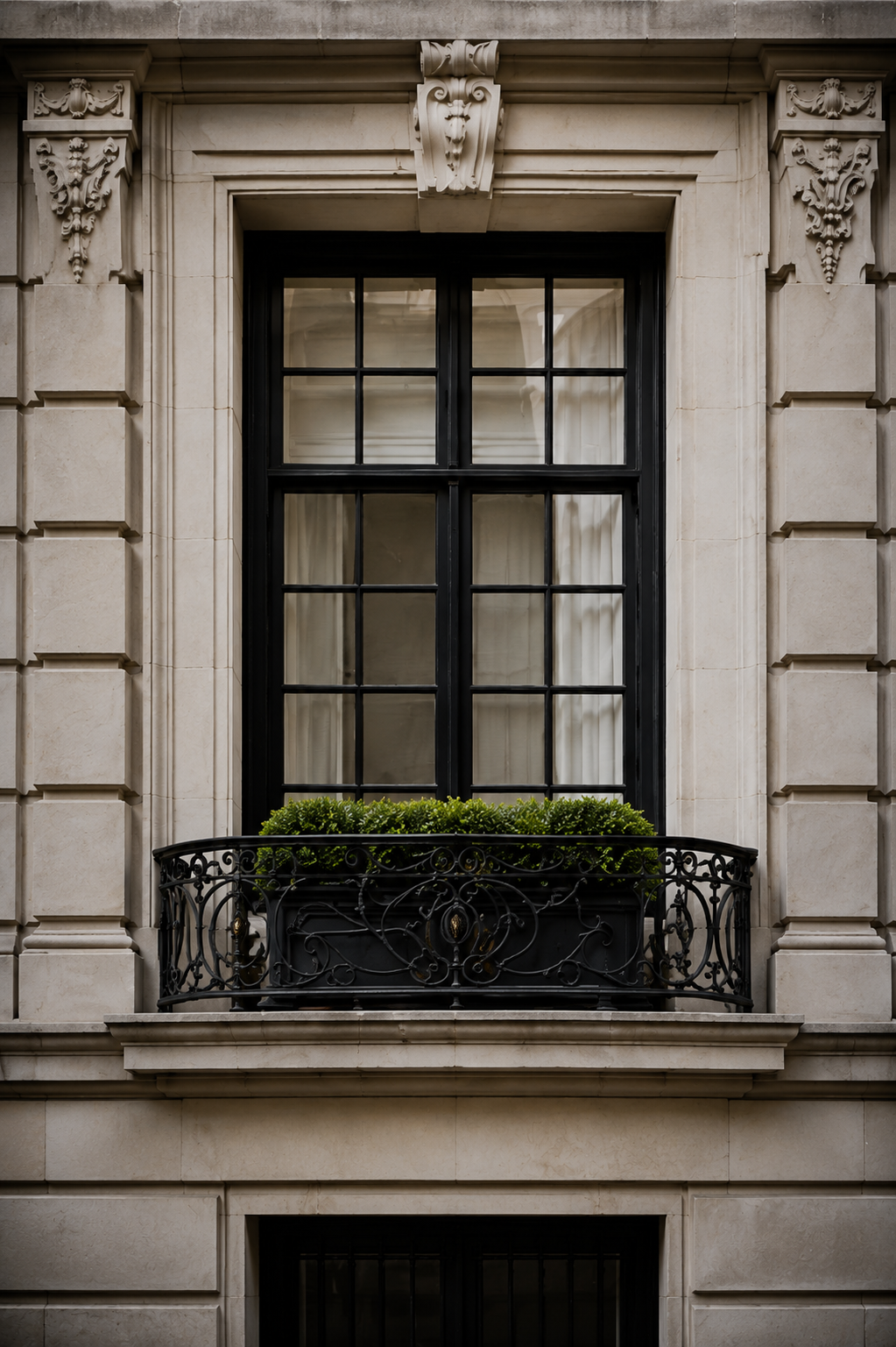 Tall black-framed window with a wrought-iron balcony on an ornate limestone facade.