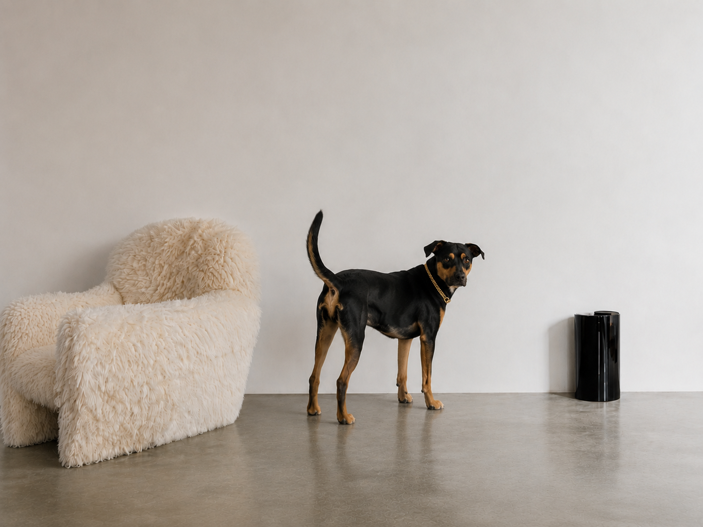 Maddie, Veronica Lee Estes's dog, standing beside an ivory sheepskin chair in a minimal interior with concrete floors.