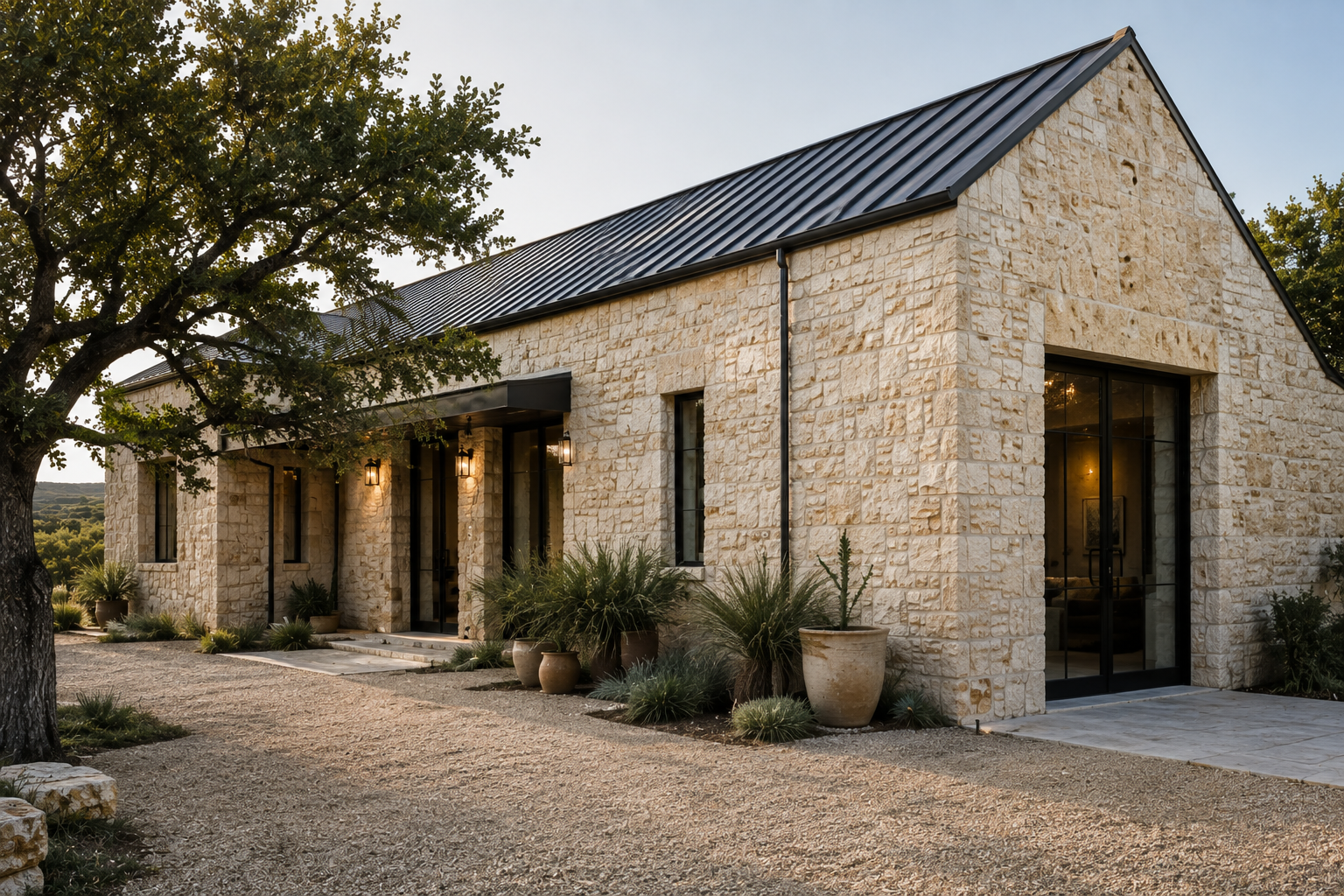 Pale limestone residence with black metal roof, gravel courtyard, and native landscaping.