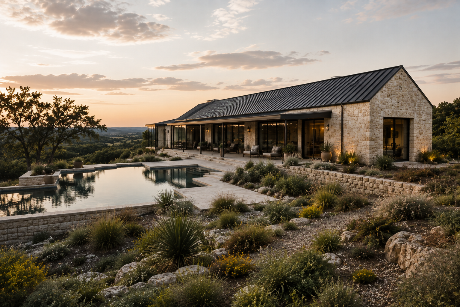 Limestone residence with a black metal roof, covered terrace, pool, and native landscaping at sunset.
