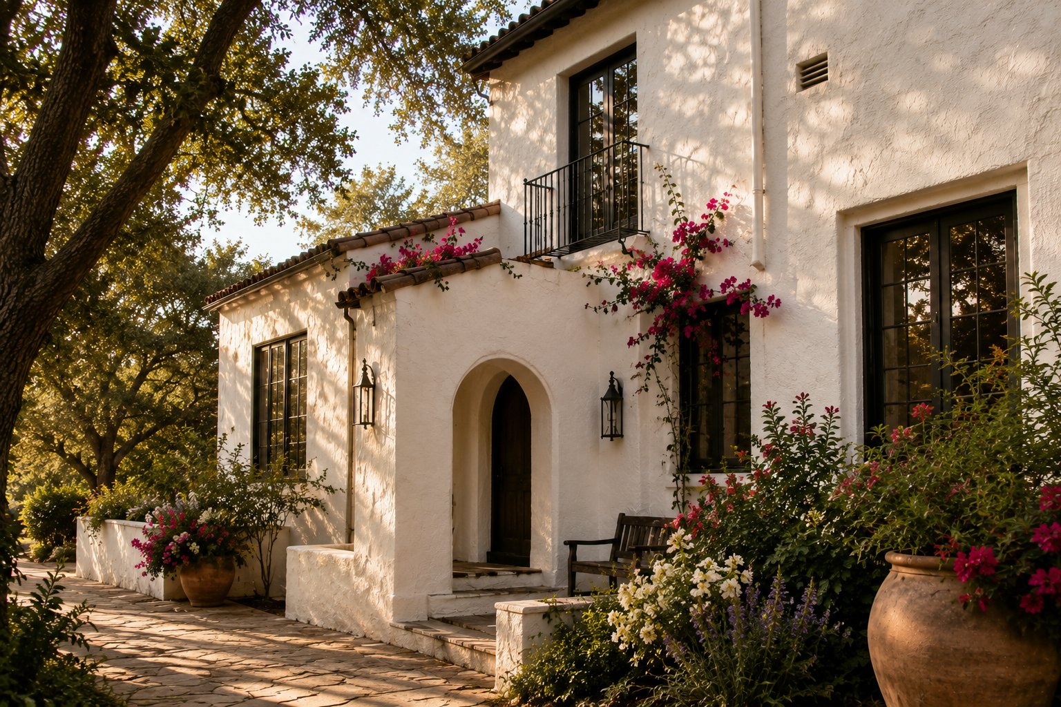 White stucco residence with an arched entrance, black window, flowering bougainvillea, and garden.