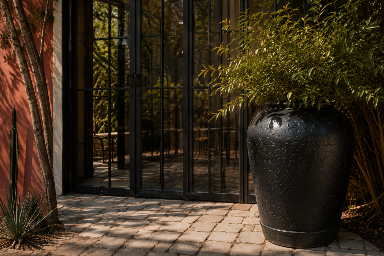 Black steel gate beside a large dark ceramic vessel and leafy landscaping.