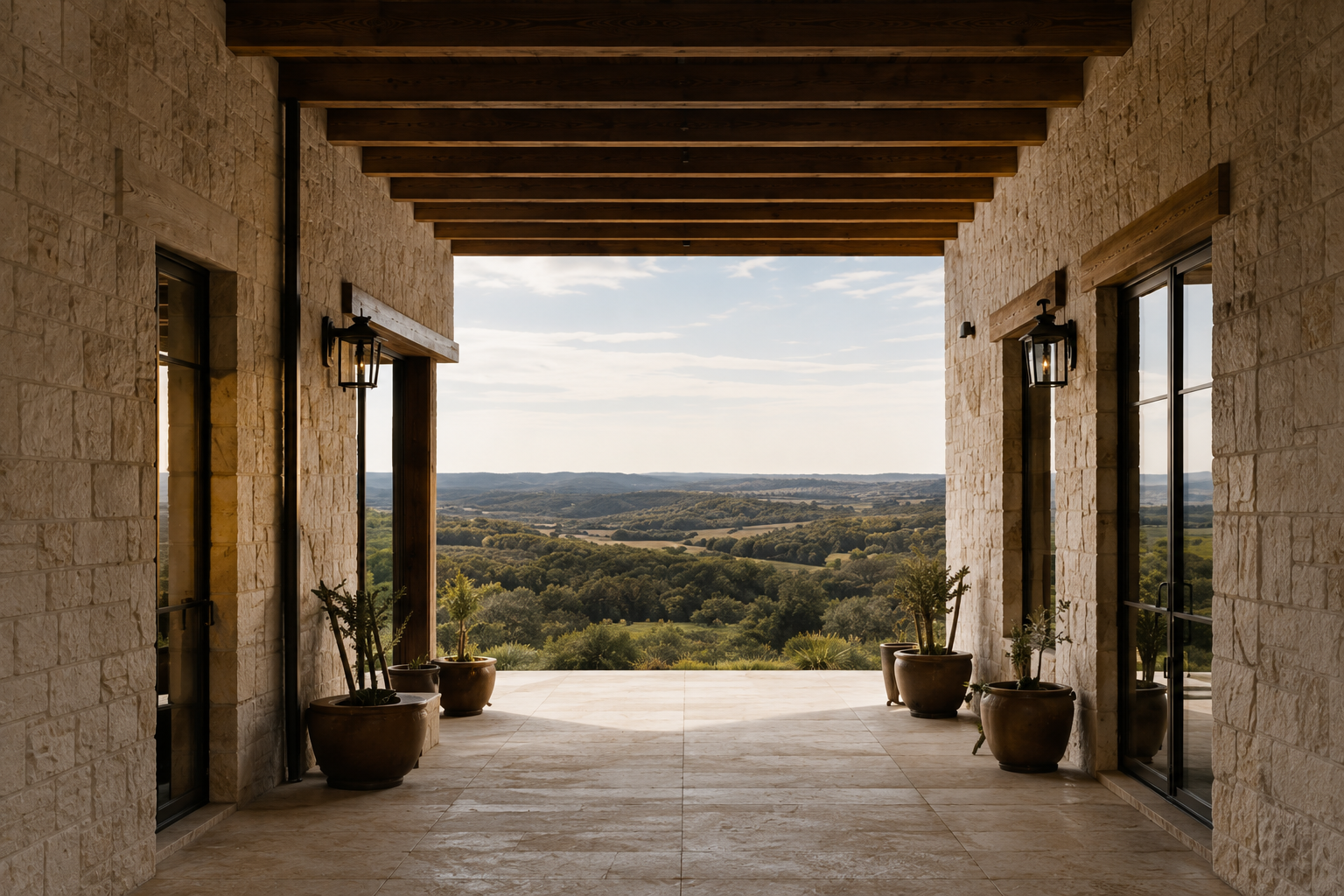 Covered limestone passage with exposed wood beams framing a distant Hill Country view.