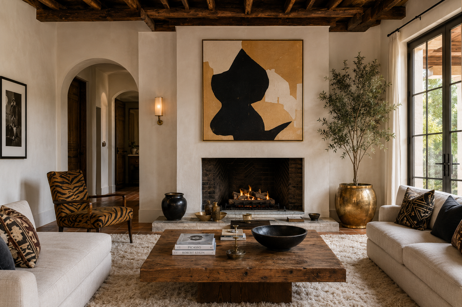 Living room with a plaster fireplace, abstract artwork, wood-beamed ceiling, and low wood coffee table.