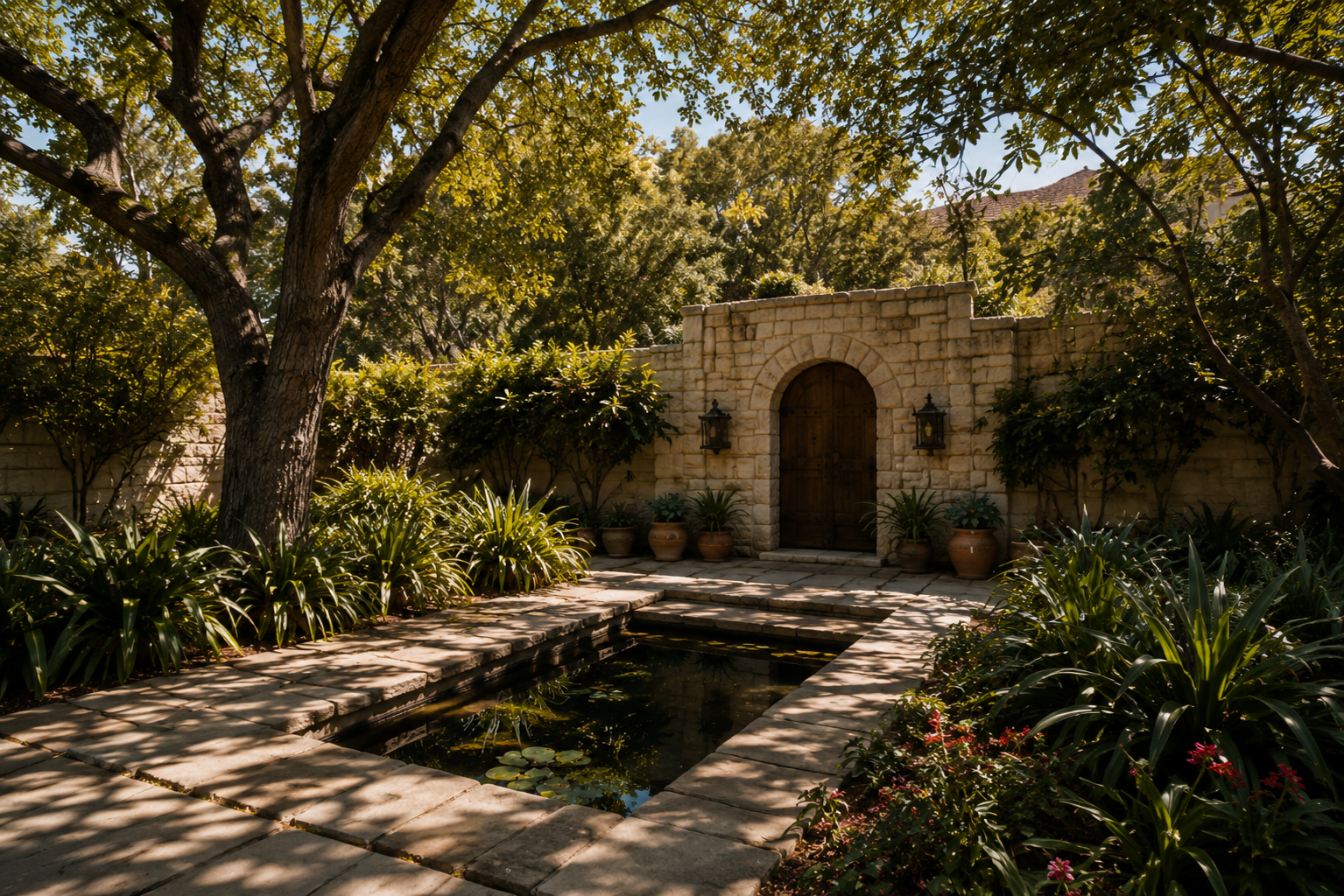 Shaded stone courtyard with a reflecting pool, mature trees, and dense landscaping.