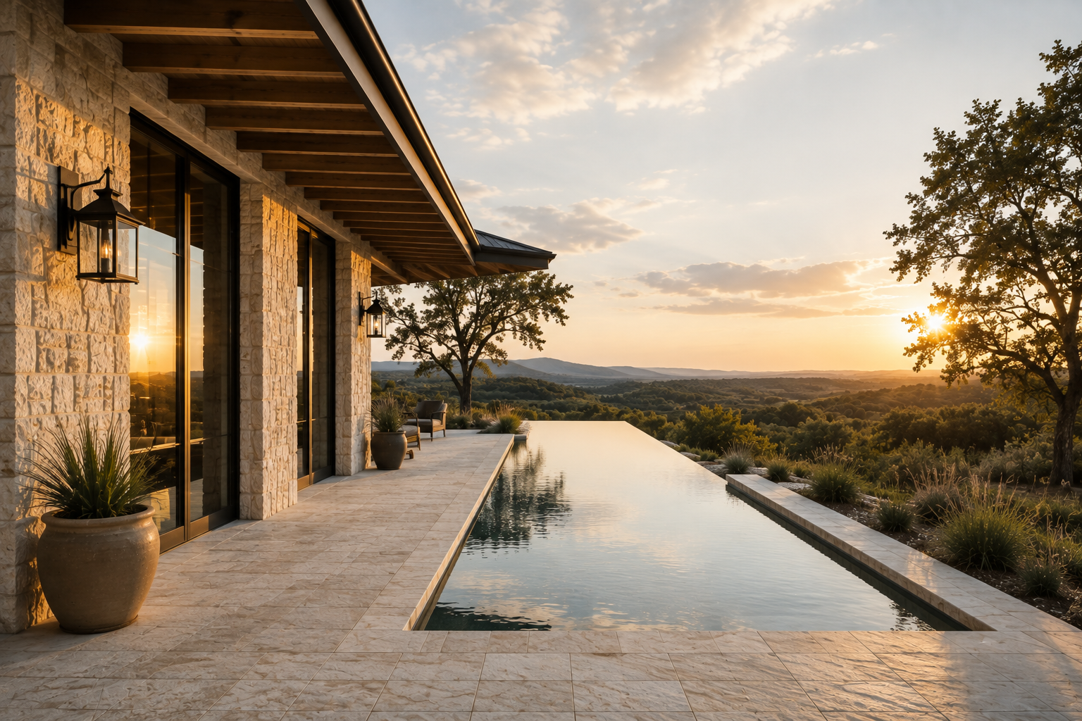 Limestone terrace and infinity pool overlooking the Texas Hill Country at sunset.