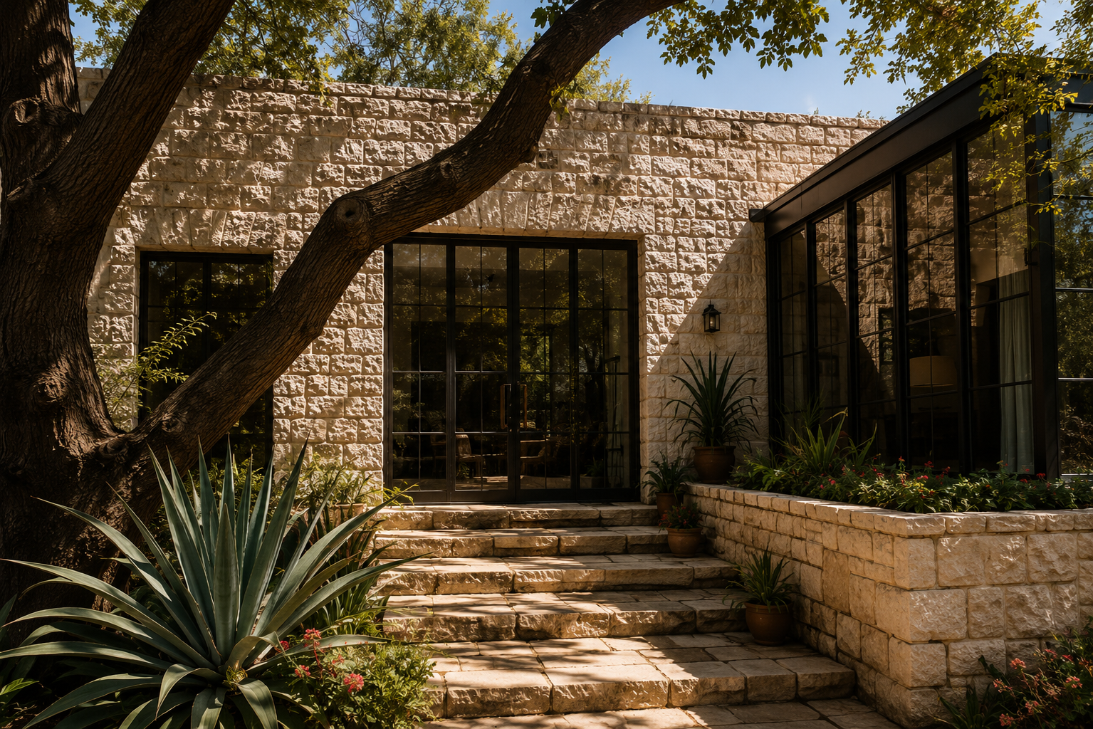 Limestone residence with black steel windows, stone steps, mature trees, and native landscaping.