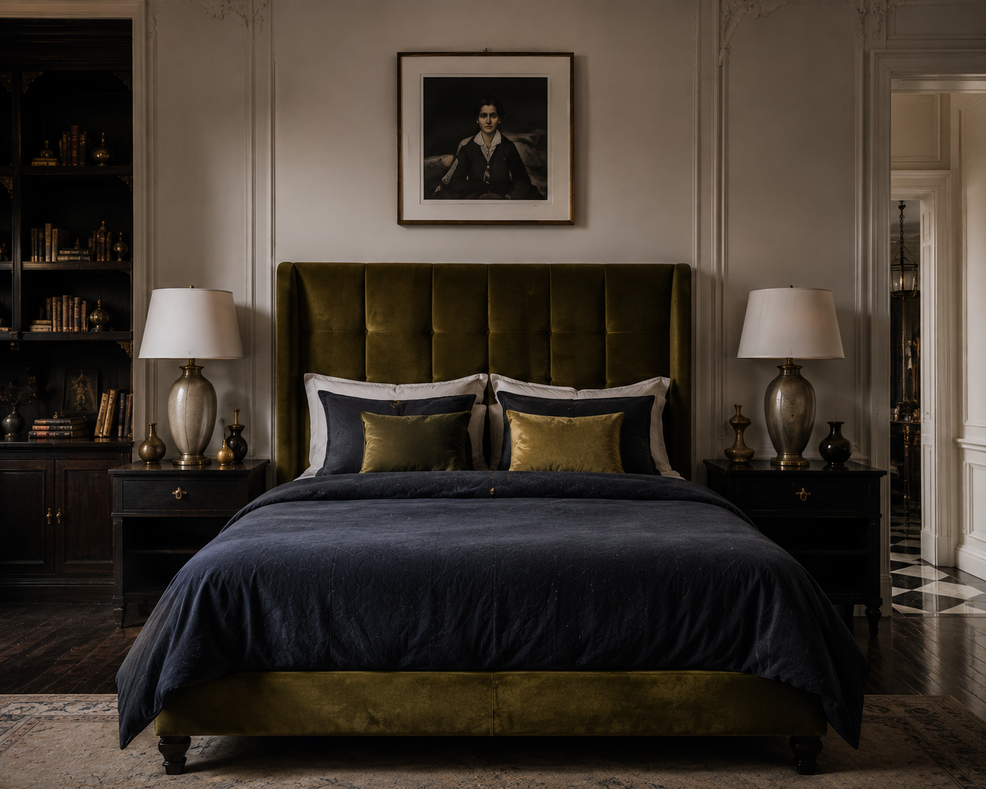 Bedroom with paneled walls, olive velvet bed, dark bedding, framed portrait, and matching bedside lamps.