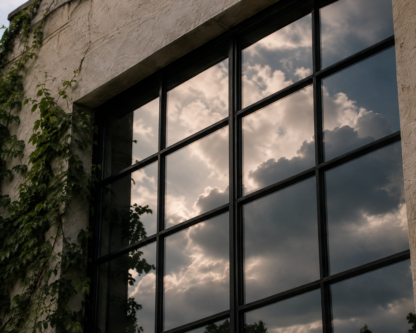 Black steel window reflecting clouds and sky in a textured stucco wall.
