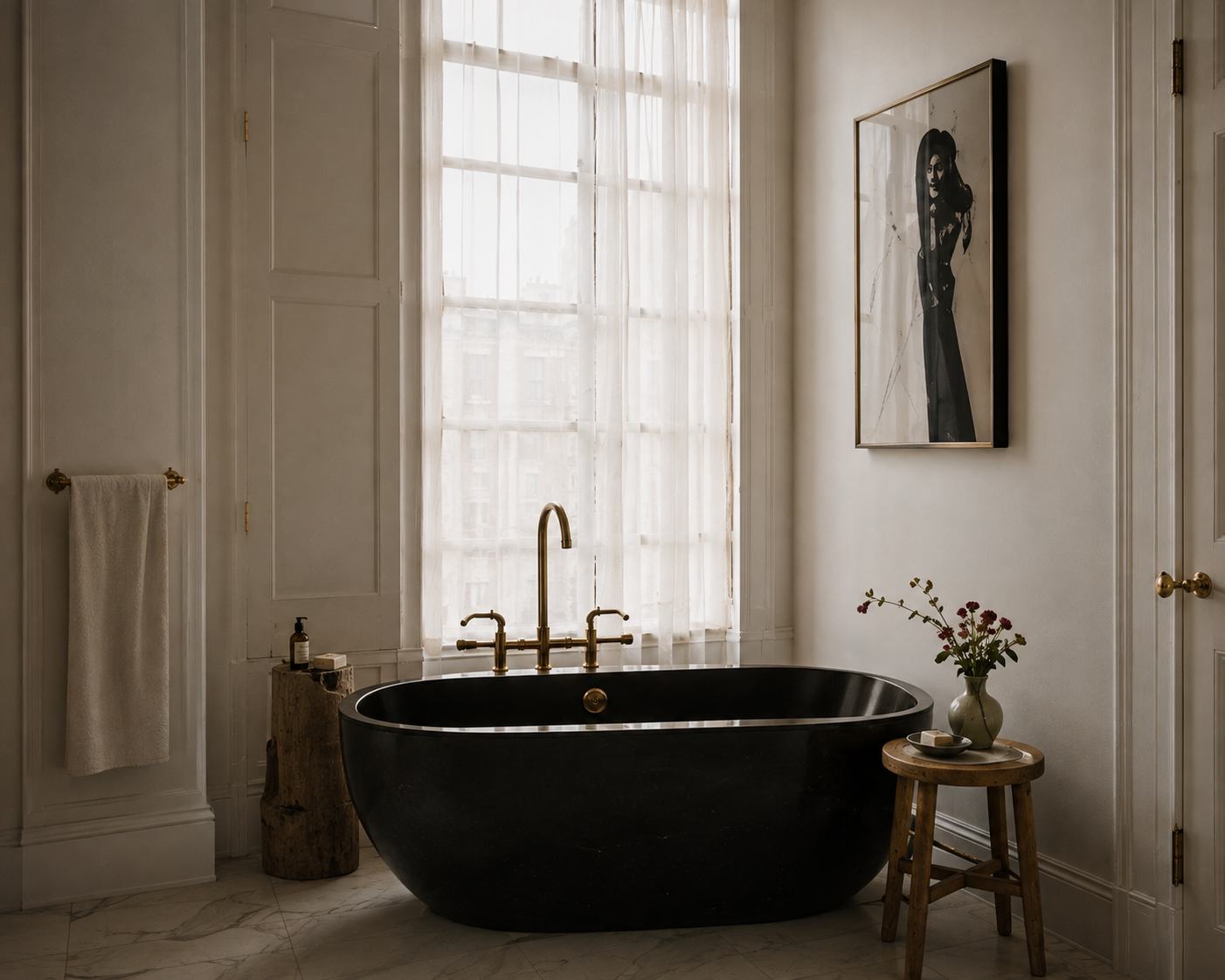 Bathroom with black freestanding tub, brass fixtures, tall window, and framed artwork.
