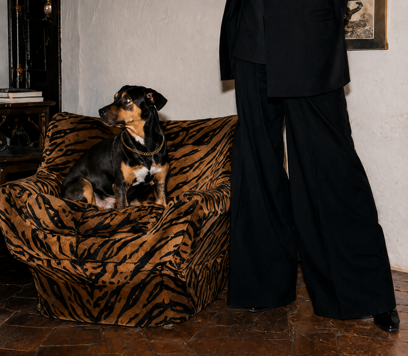 Maddie, Veronica Lee Estes's dog, sitting on a tiger-striped chair beside Veronica in black wide-leg trousers.