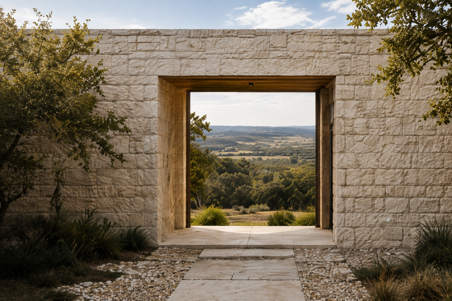 Large rectangular opening in a limestone wall framing a distant Hill Country landscape.