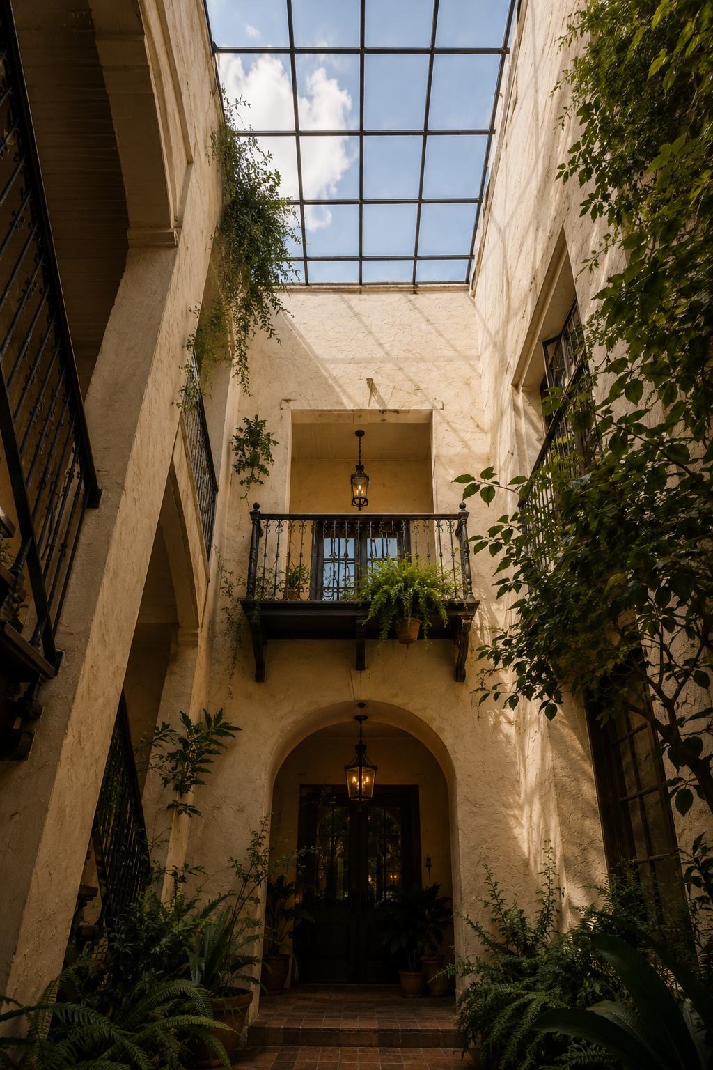 Interior courtyard with white stucco arches, an upper balcony, greenery, and a glass ceiling.