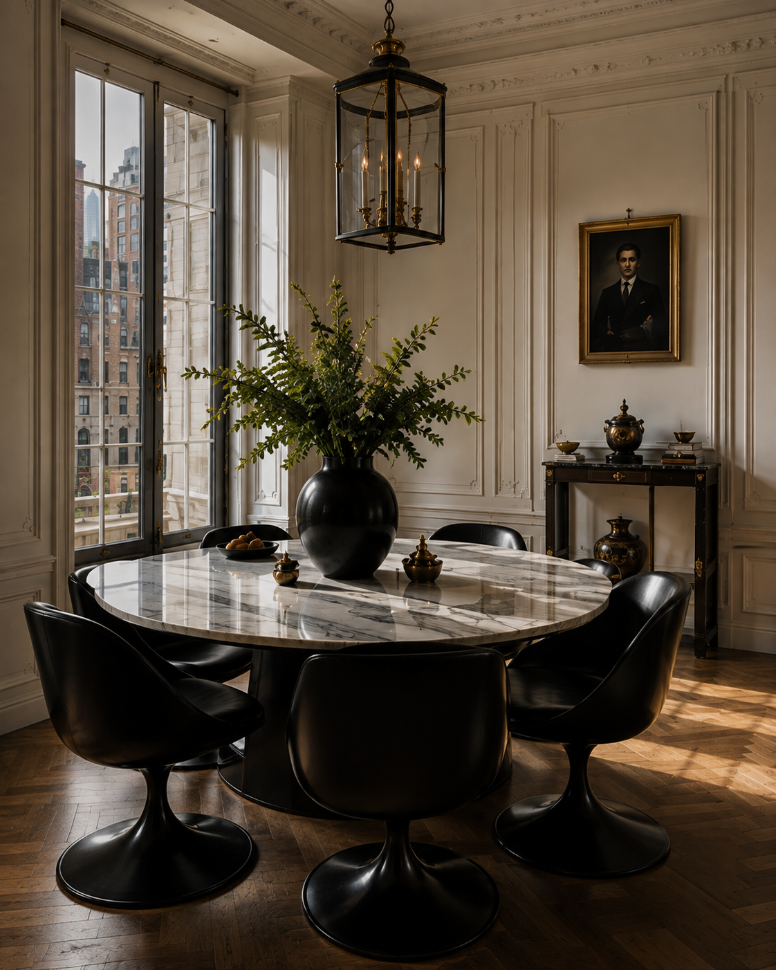 Dining room with round marble table, black chairs, tall windows, framed portrait, and leafy arrangement.