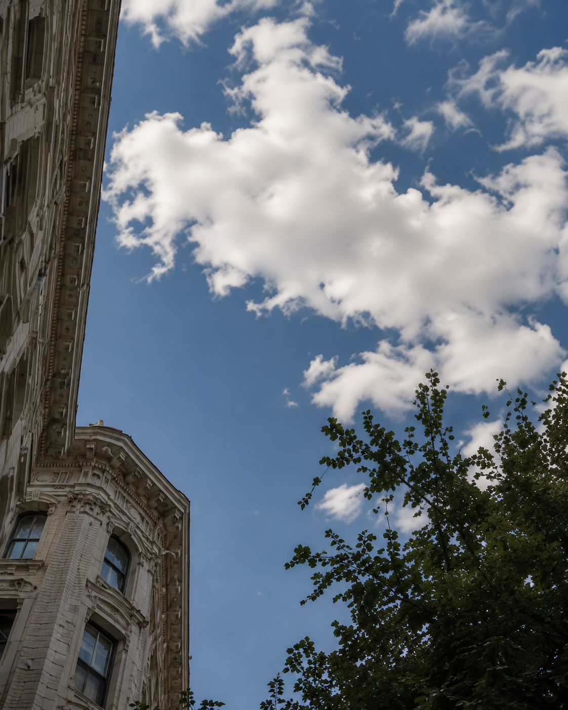 White clouds and blue sky framed by a stone building and leafy tree branches.