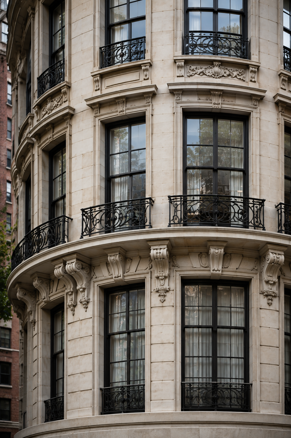 Curved limestone facade with tall black windows, ornate carved details, and wrought-iron balconies.