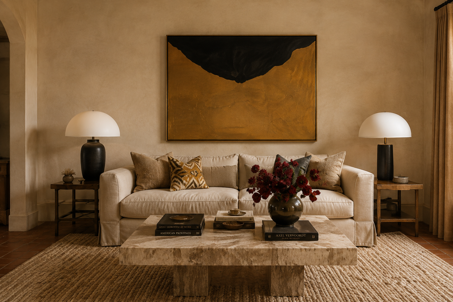Living room with a cream sofa, abstract artwork, wood coffee table, and floral arrangement.