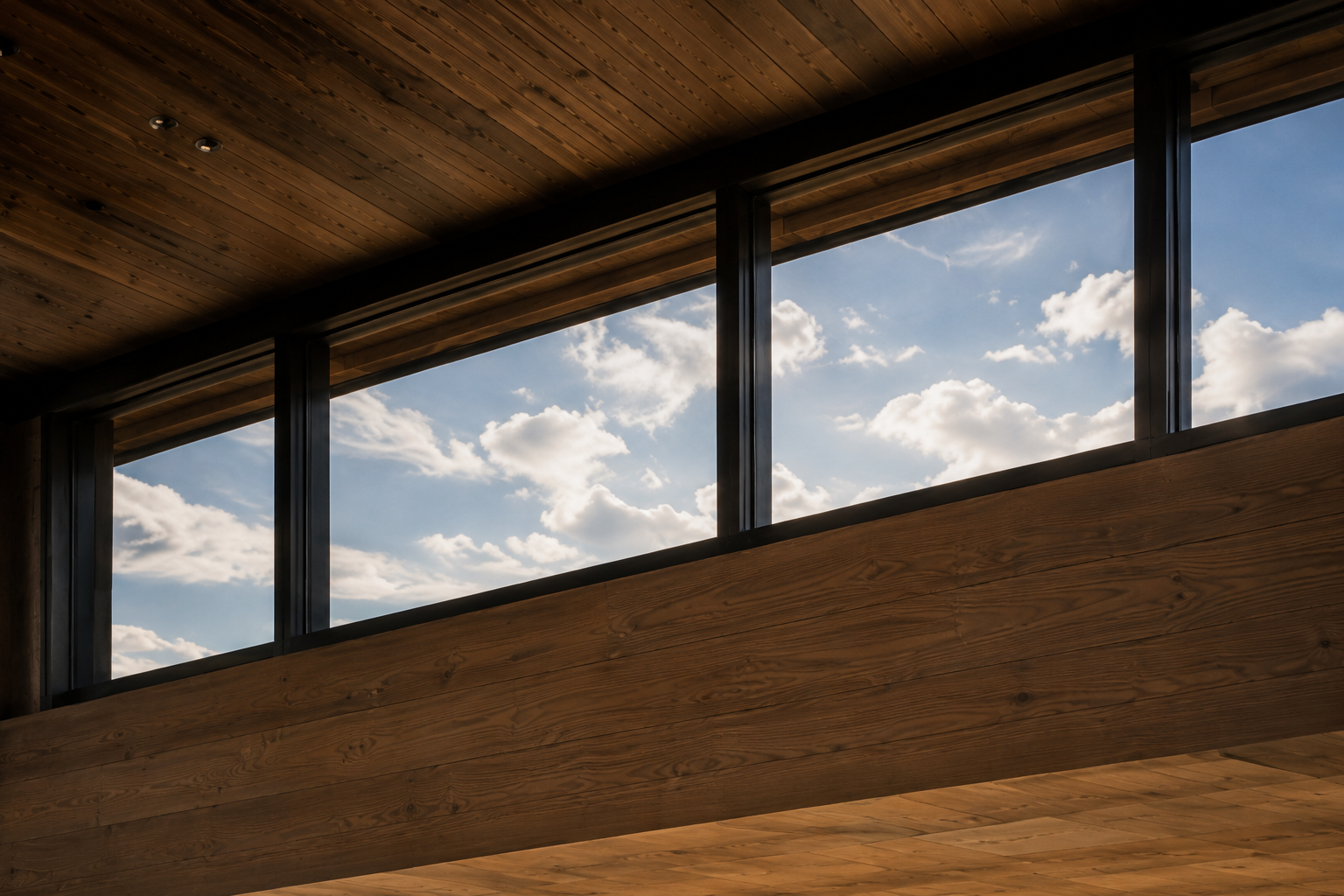 Long horizontal window beneath a wood ceiling framing blue sky and clouds.