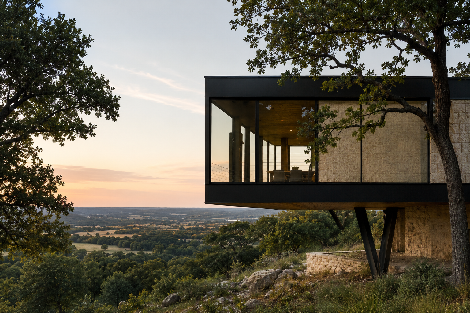 Cantilevered black steel and glass pavilion extending over a rocky hillside at sunset.