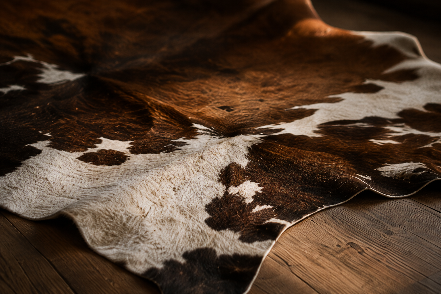 Brown-and-white cowhide draped across a leather surface.