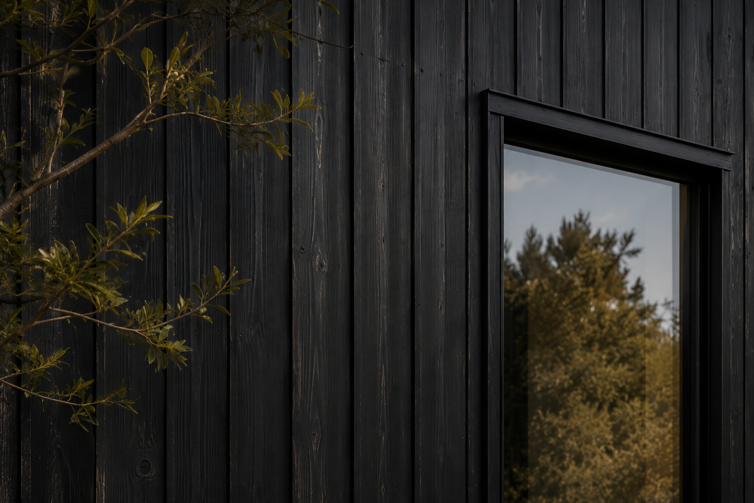 Black timber exterior wall with a tall window reflecting surrounding trees.