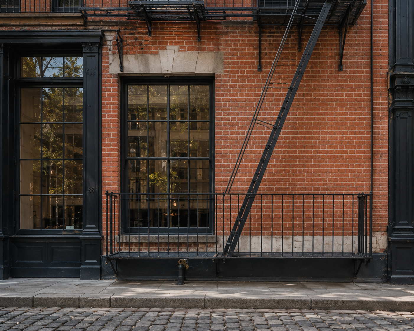 Red brick facade with tall black-framed window, iron fire escape, and cobblestone street.