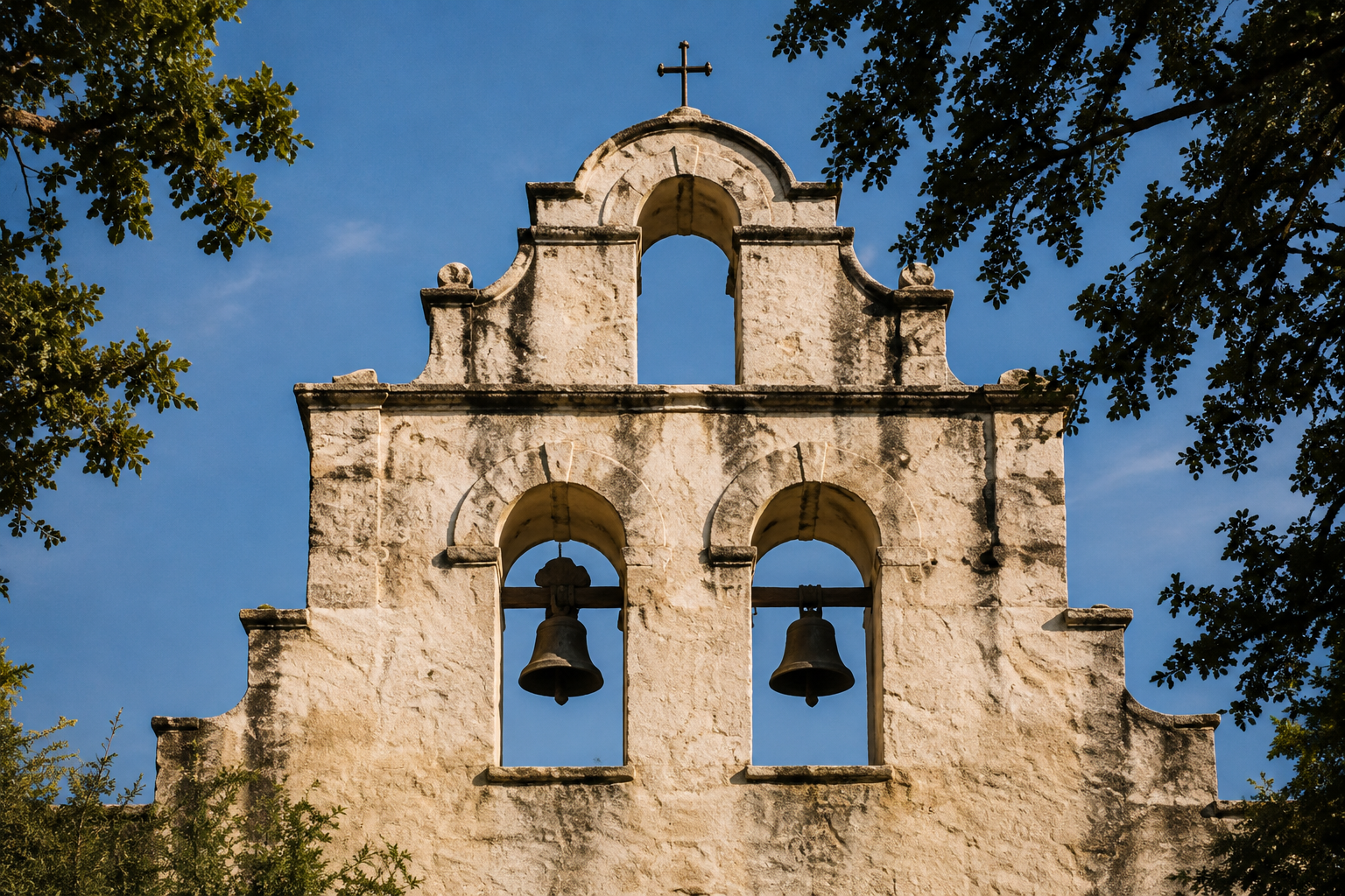 Weathered stone mission-style bell facade with arched openings and two bells.