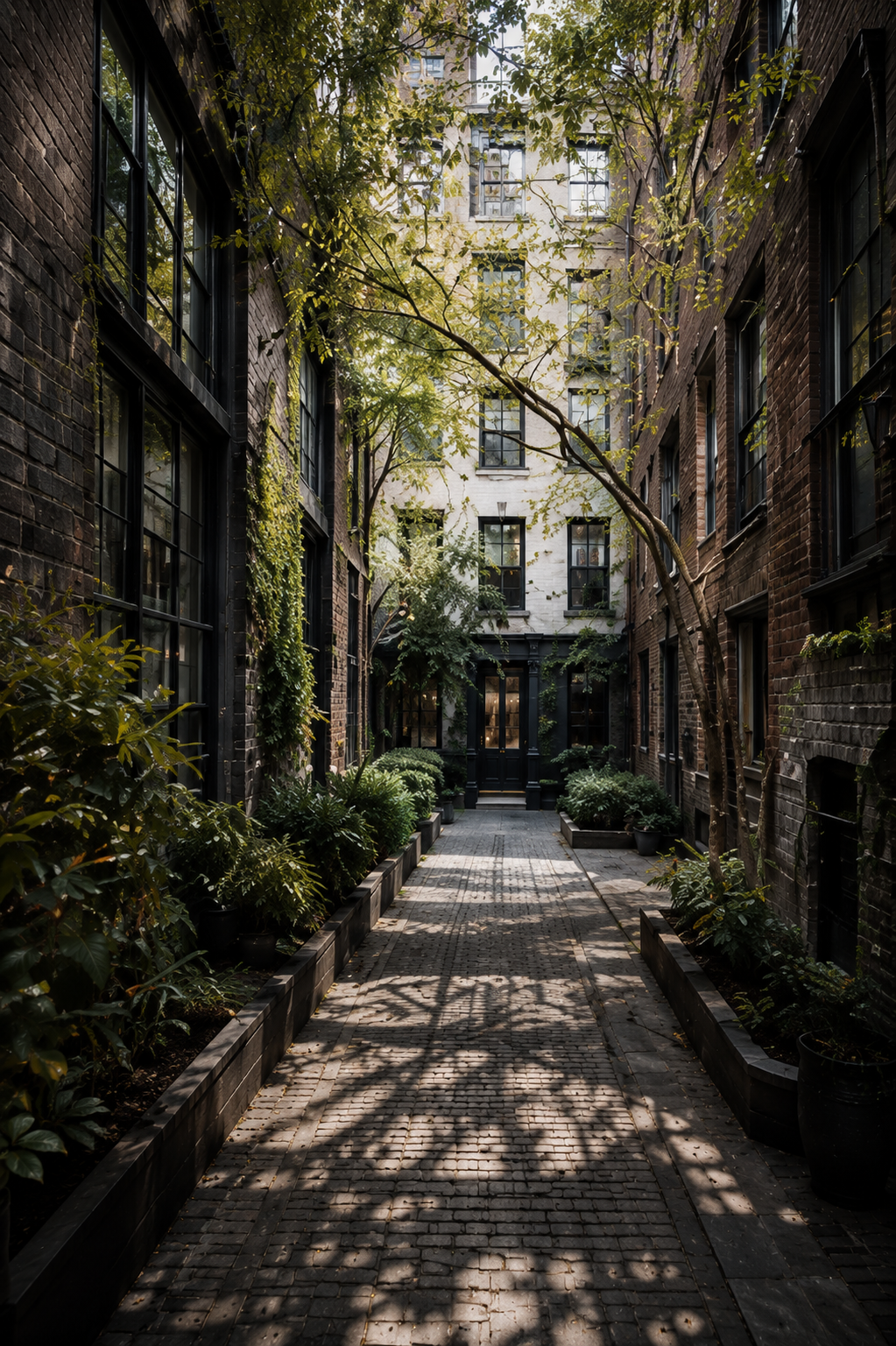 Leafy residential courtyard passage between historic buildings.