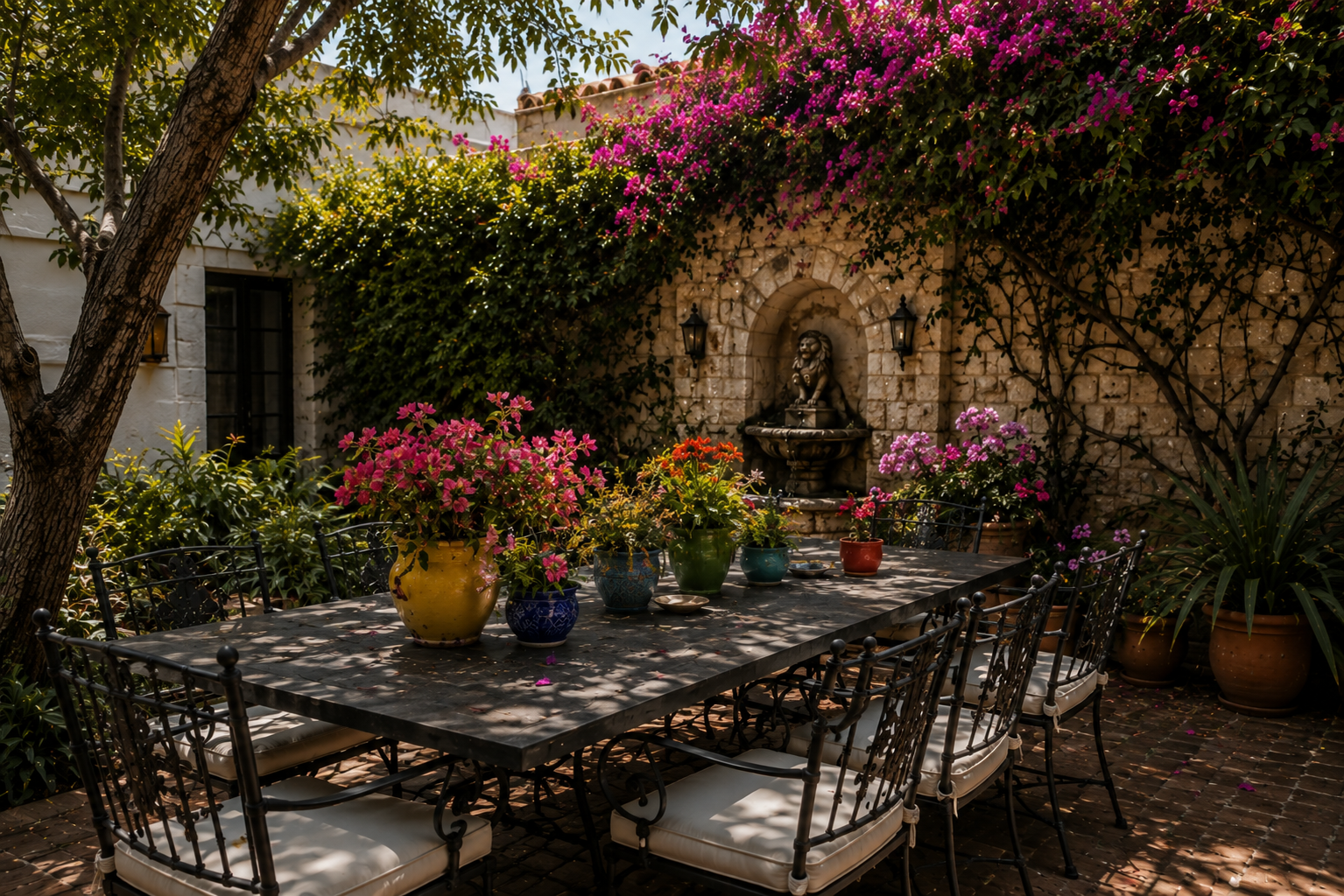 Bougainvillea surrounding a stone courtyard with an outdoor dining table and colorful ceramic planters.